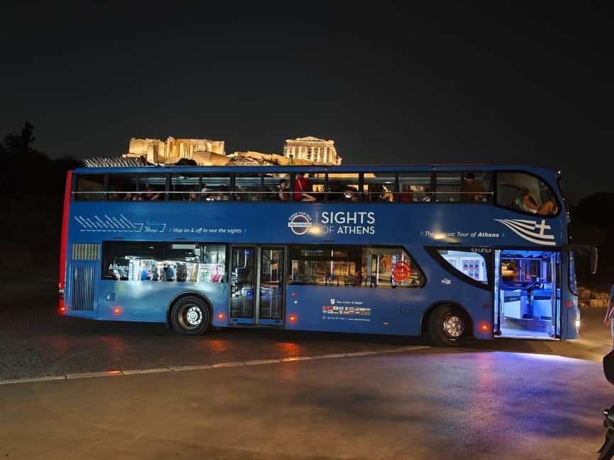 Athens panoramic tour by night with open double decker bus - The Acropolis and Parthenon after dark