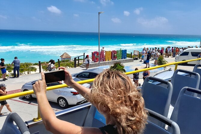 Cancun City Sightseeing and Shopping Tour on a Double Decker bus - Avenida Tulum and the view beyond the resorts