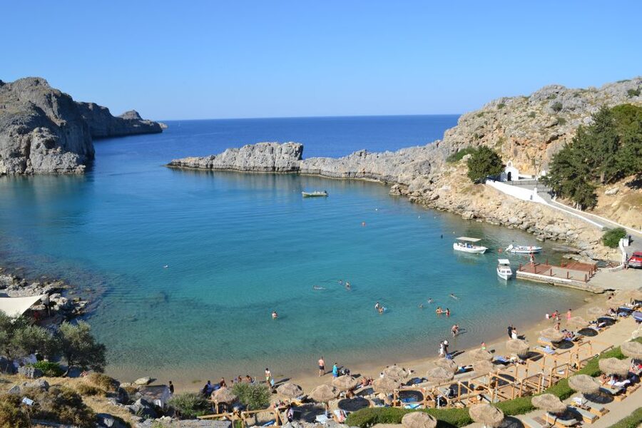 From Rhodes: Lindos and 7 Springs Valley Bus Tour - The first view of whitewashed Lindos