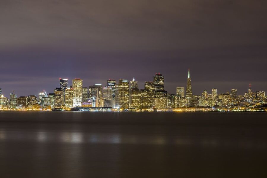 San Francisco Double Decker Bus Night Tour - Crossing the Bay Bridge toward Treasure Island